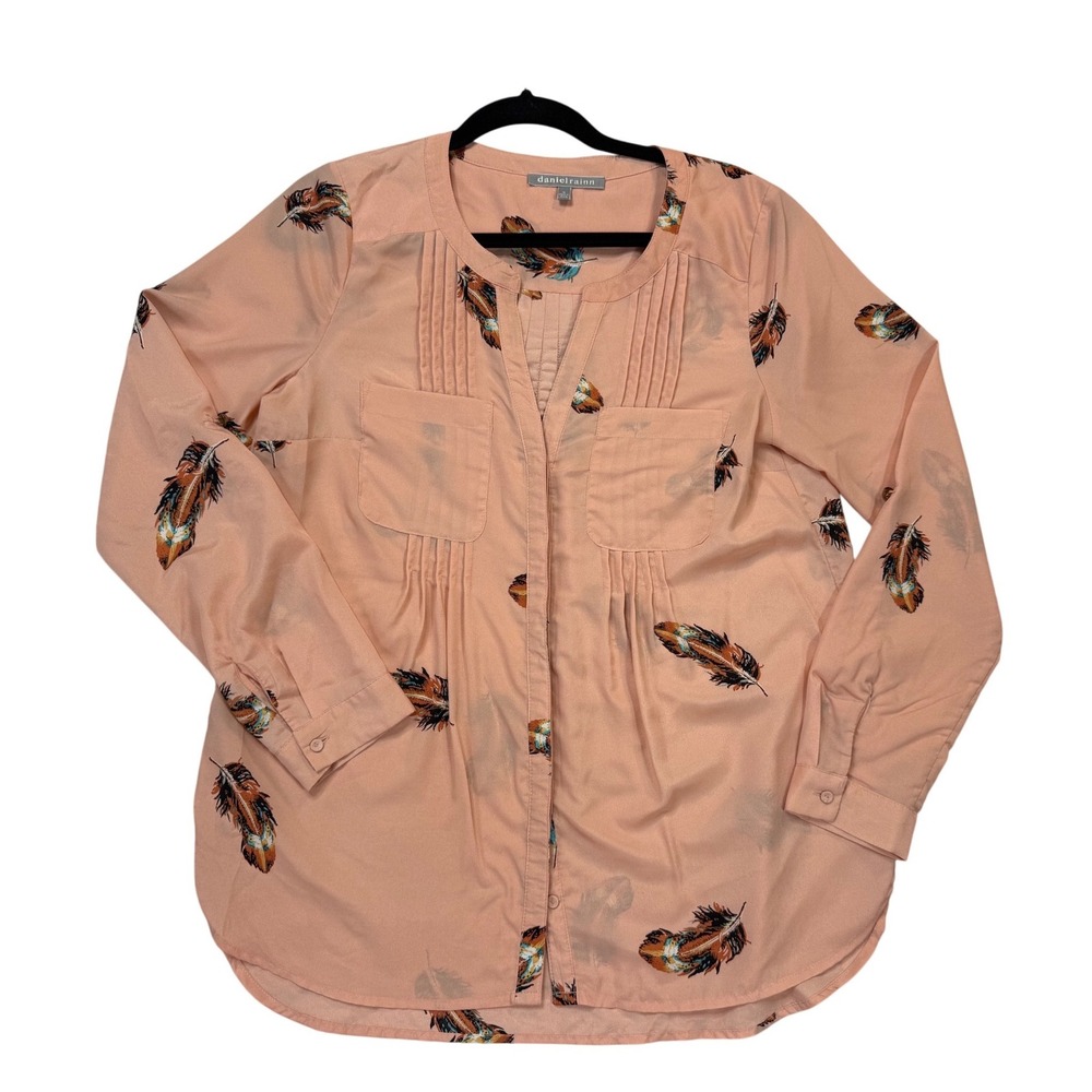 Daniel Rainn Feather Print‎ Blouse Womens Medium Peach Excellent Pintuck Top